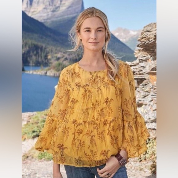 Sundance floral flowy bell sleeve Yellow Blouse poplin boho vibrant cottagecore - Picture 1 of 5